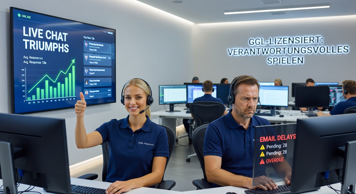 Ein Live-Chat-Fenster auf einem Casino-Support-Bildschirm mit einem Agenten, der schnell antwortet, während im Hintergrund E-Mail-Icons verzögert wirken
