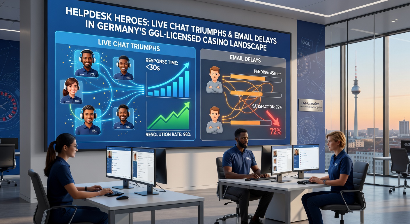 Grafik mit Balkendiagrammen, die Live-Chat-Antwortzeiten (grün, kurz) gegen E-Mail-Verzögerungen (rot, lang) in GGL-Casinos vergleicht