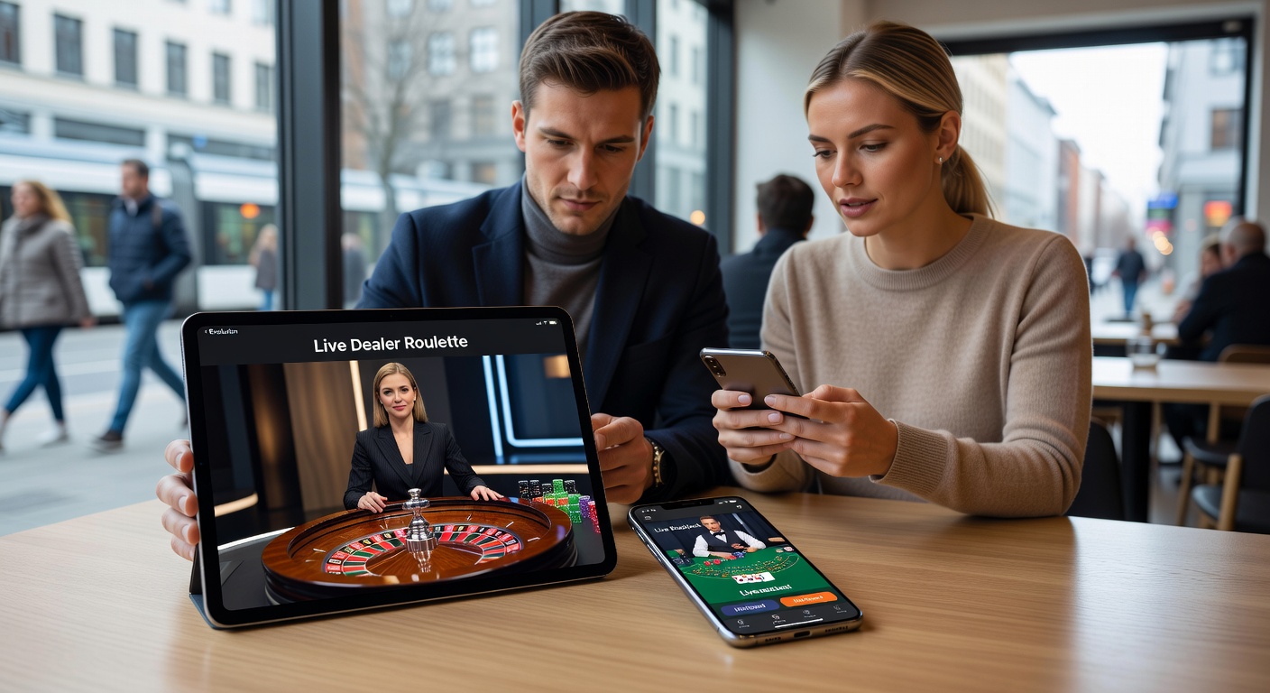 Deutscher Spieler mit Smartphone, das Live-Blackjack auf lizenzierter App zeigt, mit Croupier im Hintergrund